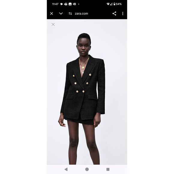 Zara Black Gold Tone Buttoned Textured Weave Double Breasted Blazer sz M Medium - Picture 4 of 10